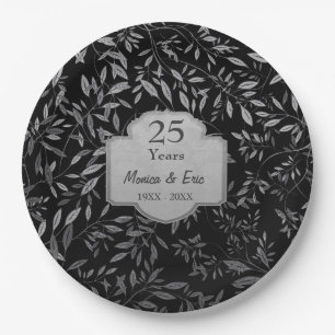 Leaves of Silver on Black 25th Anniversary Paper Plate