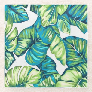 Leaves Of Tropical Monstera and Banana Blue Green Glass Coaster