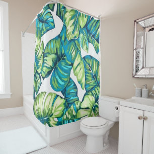 Leaves Of Tropical Monstera and Banana Blue Green Shower Curtain