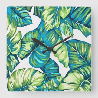 Leaves Of  Tropical Monstera and Banana Blue Green Square Wall Clock
