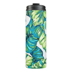 Leaves Of Tropical Monstera and Banana Blue Green Thermal Tumbler