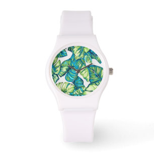 Leaves Of  Tropical Monstera and Banana Blue Green Watch