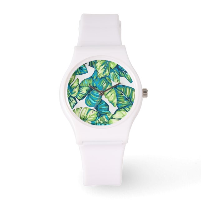 Leaves Of  Tropical Monstera and Banana Blue Green Watch (Front)