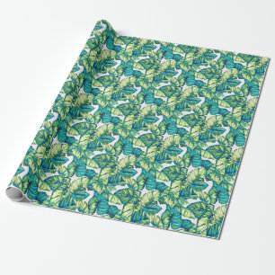 Leaves Of Tropical Monstera and Banana Blue Green Wrapping Paper