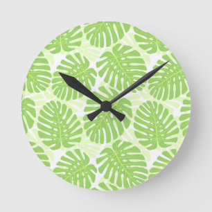 Leaves Of Tropical Plant - Monstera Pattern Round Clock