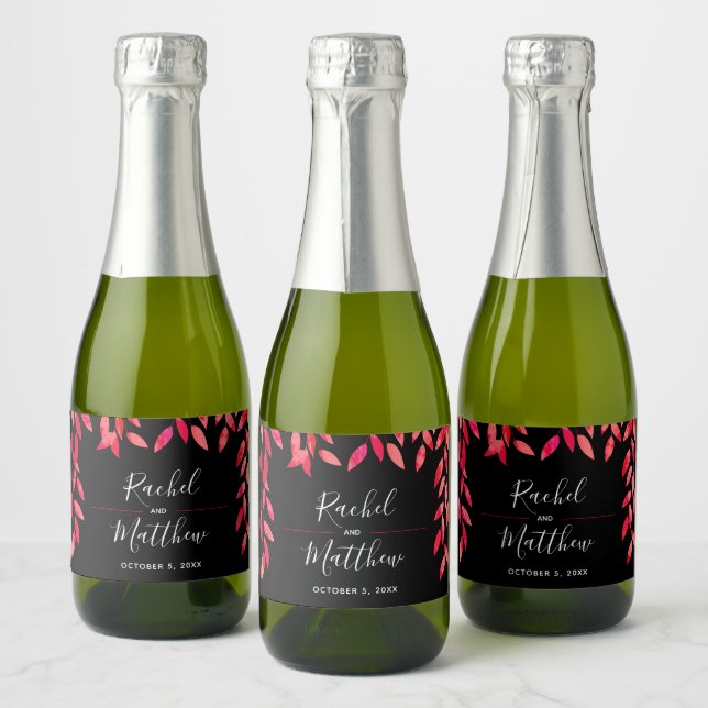 Leaves on Black Wedding Celebration Mini Sparkling Wine Label (Bottles)