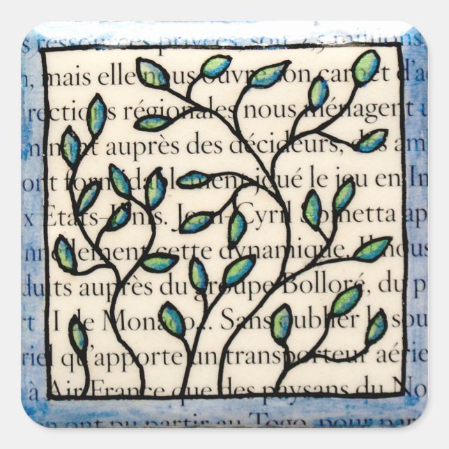Leaves on French Text Square Sticker (Front)