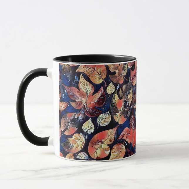 Leaves on Midnight – Abstract Botanical Pattern Mug (Left)