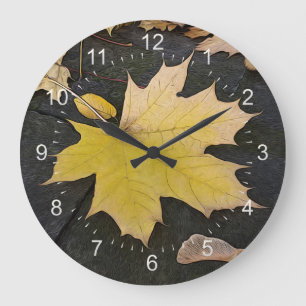 Leaves on sidewalk large clock