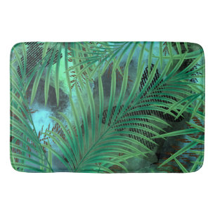 Leaves, palm ,trees, green, blue, tropical bath mat