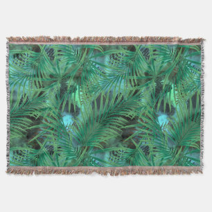 Leaves, palm ,trees, green, blue, tropical throw blanket