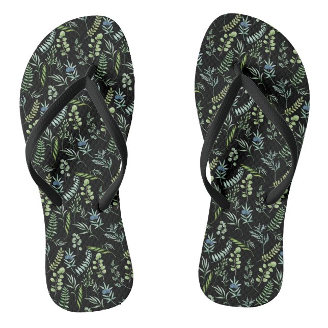 Leaves Pattern 11.bw Black BG Flip Flops (Footbed)