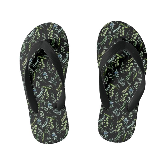 Leaves Pattern 11.bw Black BG Kid's Flip Flops (Footbed)