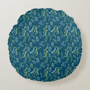Leaves Pattern 11.bw DBlue BG Round Cushion