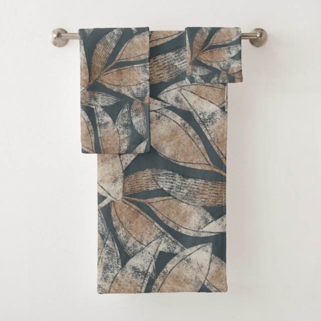 Leaves Pattern Brown Smoky Black Bath Towel Set (Insitu)