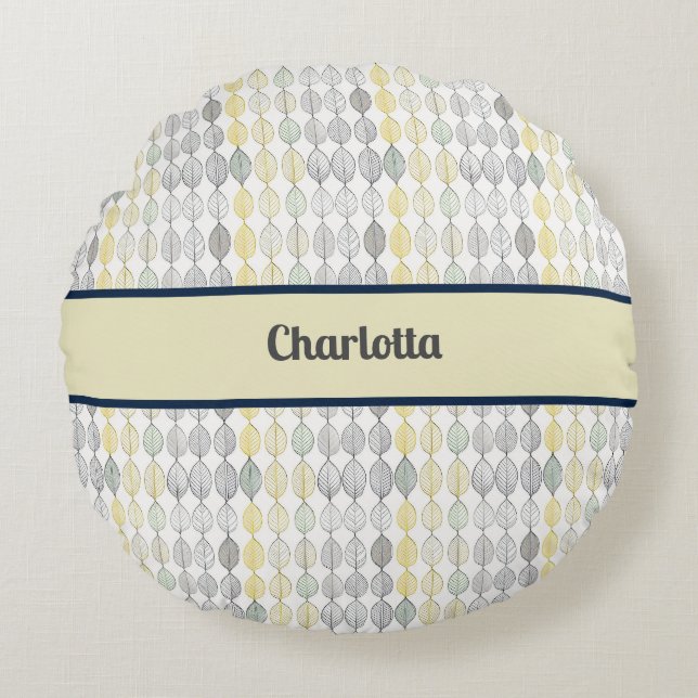 leaves pattern gray and yellow round cushion (Front)