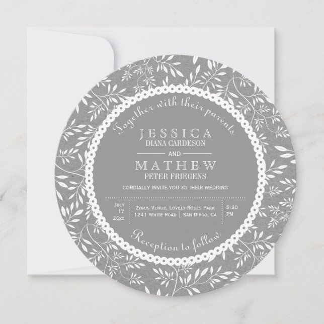 Leaves pattern grey kraft paper rustic wedding invitation (Front)