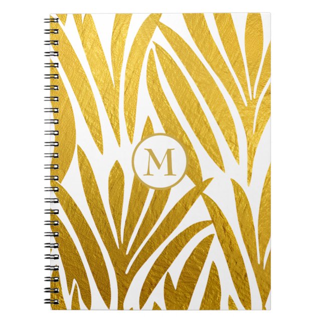 Leaves Pattern Monogrammed Elegant Faux Gold Leaf Notebook (Front)