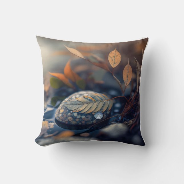 Leaves Pebbles Calm Tranquil Nature Peaceful River Cushion (Front)