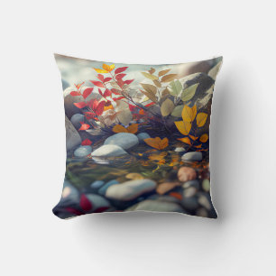 Leaves Pebbles Calm Tranquil Nature Peaceful River Cushion