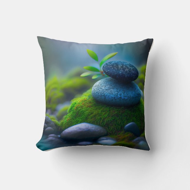 Leaves Pebbles Calm Tranquil Nature Peaceful River Cushion (Front)