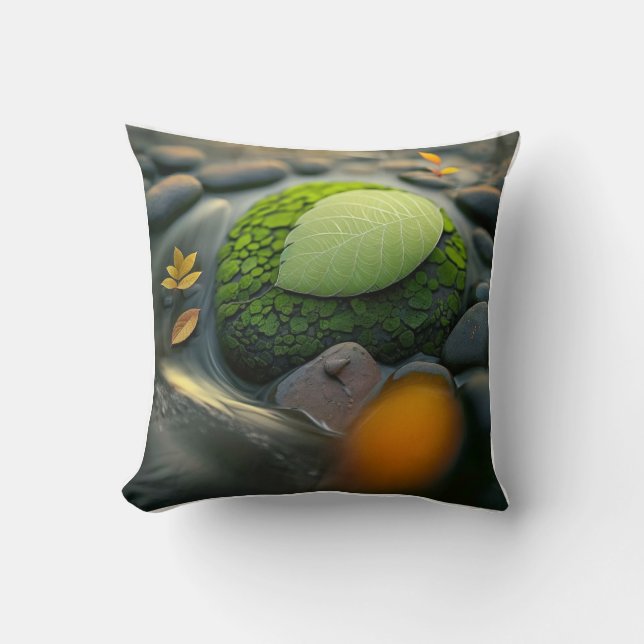 Leaves Pebbles Calm Tranquil Nature Peaceful River Cushion (Front)