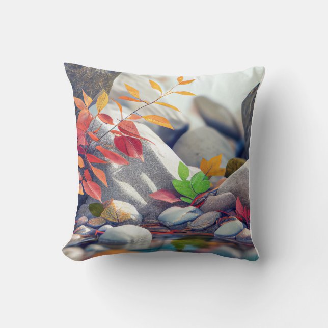 Leaves Pebbles Calm Tranquil Nature Peaceful River Cushion (Front)