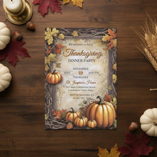 Leaves Pumpkins Vintage Thanksgiving Dinner Party Invitation (Creator Uploaded)