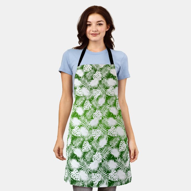 LEAVES SEAMLESS PATTERN GREEN WHITE  APRON (Worn)