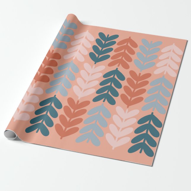 Leaves & Stems Scandi Botanical Pattern Blush Blue Wrapping Paper (Unrolled)