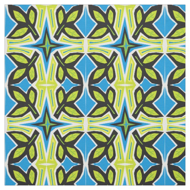 Leaves tile in African style folk art blue Fabric (Swatch)