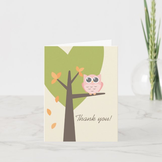 Leaves Tree Pink Owl Autumn Baby Shower Thank You Card (Front)
