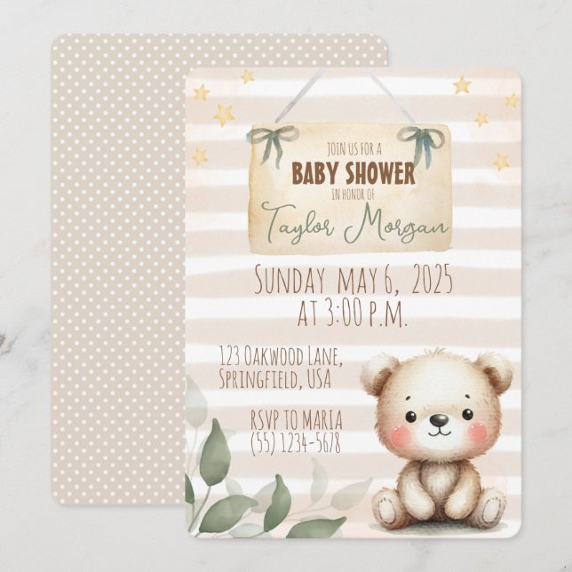Leaves Watercolor Teddy Bear Invitation (Front/Back)