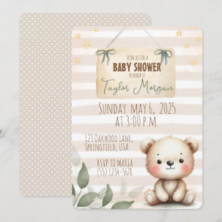 Leaves Watercolor Teddy Bear Invitation