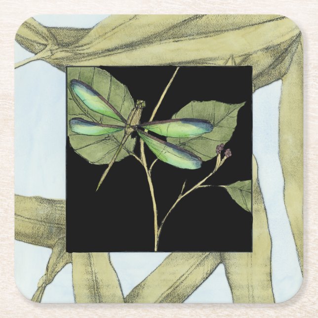 Leaves with Dragonfly Inset by Jennifer Goldberger Square Paper Coaster (Front)