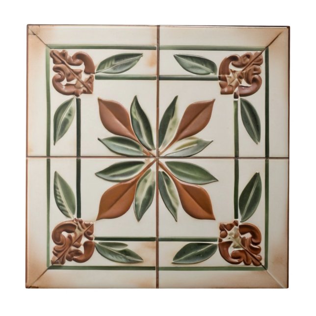 Leaves with Terracotta & Ivory Colours Tuscan Styl Tile (Front)