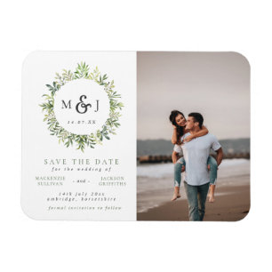Leaves Wreath Monogram Wedding Photo Save the Date Magnet