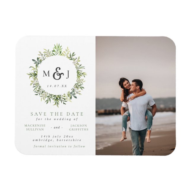 Leaves Wreath Monogram Wedding Photo Save the Date Magnet (Horizontal)