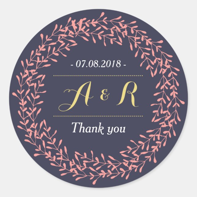 Leaves Wreath Monogram Wedding Thank You Sticker (Front)