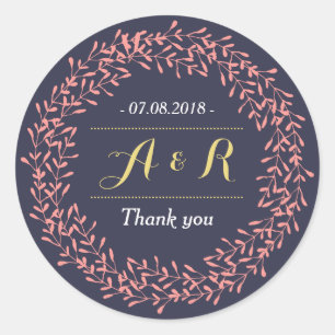 Leaves Wreath Monogram Wedding Thank You Sticker