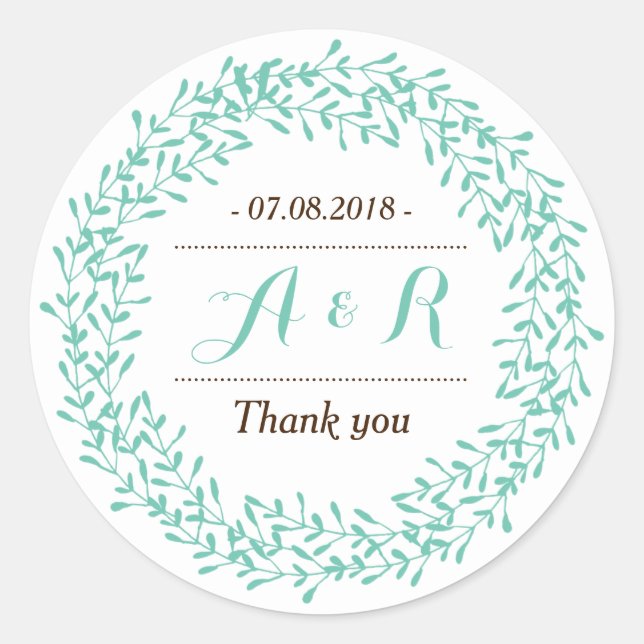 Leaves Wreath Monogram Wedding Thank You Sticker (Front)