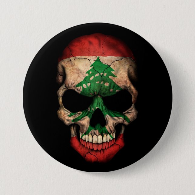 Lebanese Flag Skull on Black 7.5 Cm Round Badge (Front)
