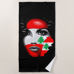 Lebanon Flag and Map on girl's face Beach Towel