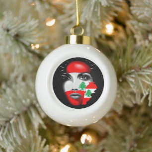 Lebanon Flag and Map on girl's face Ceramic Ball Christmas Ornament