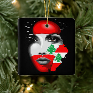 Lebanon Flag and Map on girl's face Ceramic Ornament