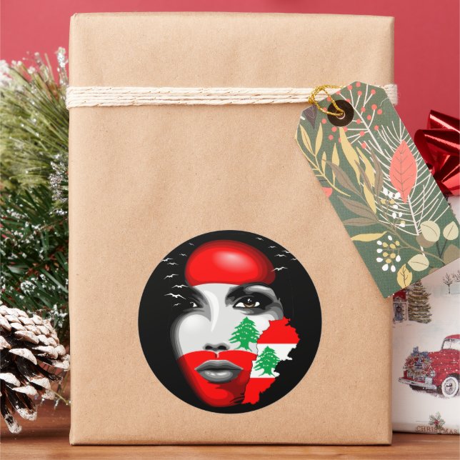 Lebanon Flag and Map on girl's face Classic Round Sticker (Holiday)