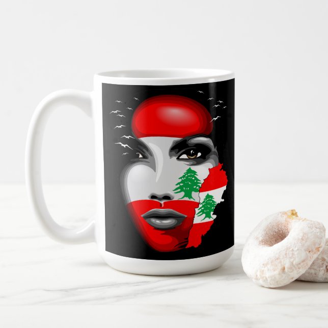 Lebanon Flag and Map on girl's face Coffee Mug (With Donut)