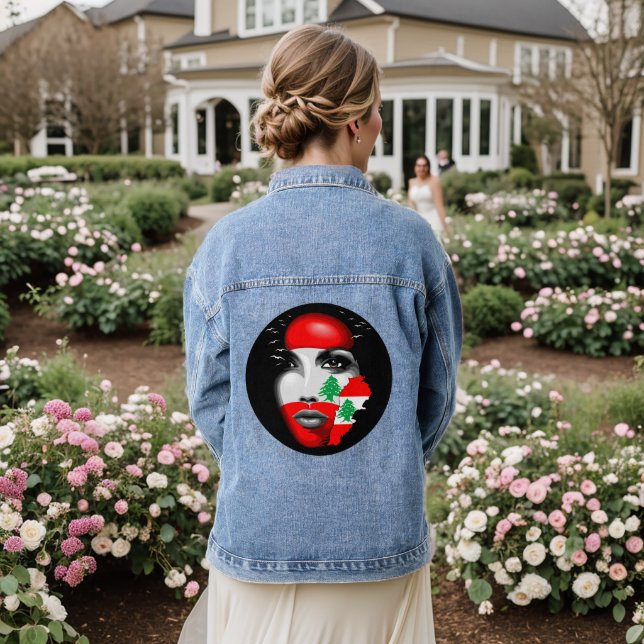 Lebanon Flag and Map on girl's face Denim Jacket (Wedding Back)