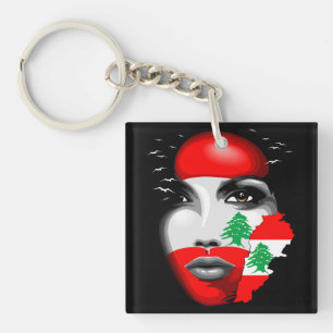 Lebanon Flag and Map on girl's face Key Ring
