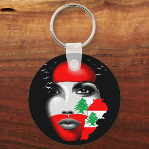 Lebanon Flag and Map on girl's face Key Ring